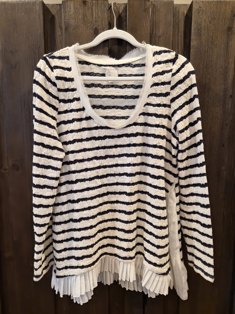 Maeve White and Navy Striped Long Sleeve Top with Pleated Hem